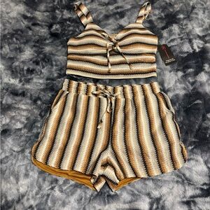 Striped Knit Crop Top & Shorts Set - Brown, Black, Cream